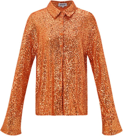 Opvallend Polyester Pailletten Vrouwen Overhemd met Glanzend Effect - Oranje - Maat S