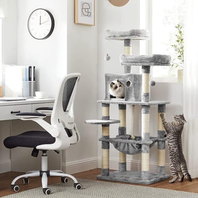Krabpaal - 143 cm - Klimpaal voor Katten - Kattenboom - Hangmat en Grot - Met 2 gezellige uitkijkplateaus - Grijs