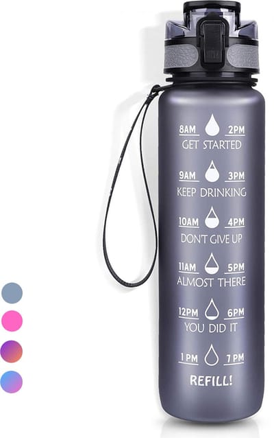 LaCardia Waterfles 1 Liter - Drinkfles met Fruitfilter & Tijdmarkering - BPA vrij - Drinkbus Voor Kinderen en Volwassenen - Sportfles & Travel mug - Grijs