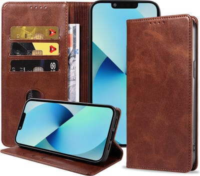 Smartphonica iPhone 13 kunstleren hoesje met magnetische sluiting en pashouders book case - Donkerbruin geschikt voor iPhone 13