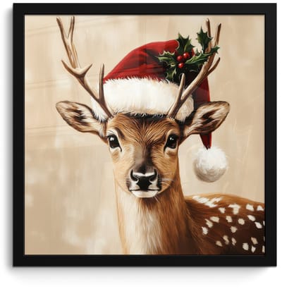 Poster in lijst - Fotolijst 40x40 cm - Posters - Kerst - Hert - Gewei - Rood - Posterlijst zwart - Decoratie - Wanddecoratie woonkamer - Muurdecoratie slaapkamer - Kerstversiering - Kerstdecoratie voor binnen - Kerstmis