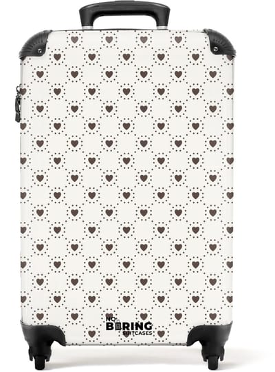 NoBoringSuitcases.com - Koffer dames - Crèmekleurige achtergrond met bruine hartjes - Past binnen 55x40x20 cm en 55x35x25 cm - Trolley handbagage vrouwen - Valiezen met wieltjes volwassenen - Reiskoffer op wielen - Rolkoffer lichtgewicht