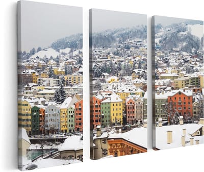 Artaza Canvas Schilderij Drieluik Gekleurde Huisjes met Sneeuw in Oostenrijk - 120x80 - Foto Op Canvas - Canvas Print