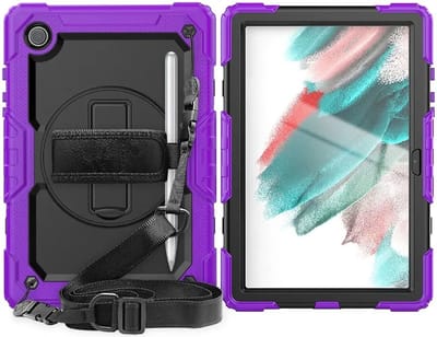 Hoes met ingebouwde Screenprotector Geschikt voor Samsung Galaxy Tab A8 | Inclusief 360° Draaibare Handriem en Schouderriem | Extreme bescherming | Ideaal voor zakelijk gebruik | Paars