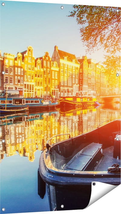 Gards Tuinposter Amsterdamse Brug - Gracht - met Bloemen - 80x120 cm - Tuindoek - Tuindecoratie - Wanddecoratie buiten - Tuinschilderij