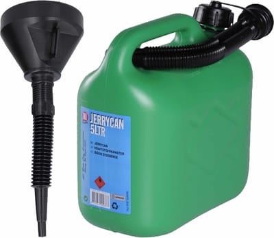 Jerrycan groen voor olie en brandstof van 5 liter met een handige grote trechter van 39 cm