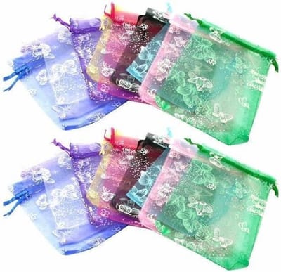 Fako Bijoux - 100 Organza Zakjes - 9x12 cm - Feestzakjes - Snoepzakjes - Cadeauzakjes - Sieradenzakjes - Vlinders Print - Kleuren Mix - 9x12cm - 100 Stuks