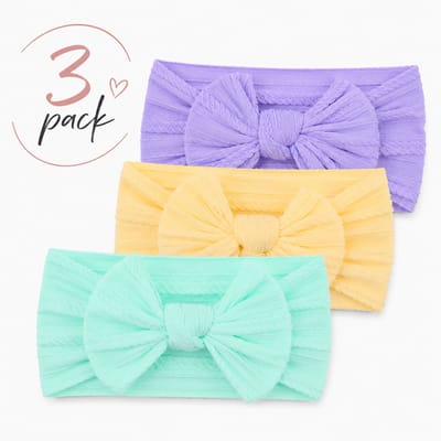 Haar in Stijl® Haarband Heidi 3 pack - Brede en zachte baby haarband met een strik - lichtgeel lichtgroen lichtpaars
