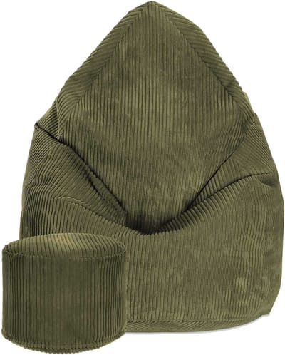DreamRoots Zitzak voor Volwassenen of Kinderen – Corduroy Beanbag met Voetsteun en Afneembare Hoes – Inclusief Vulling – 80x80x120 cm – Dark Olive