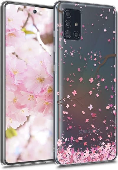 kwmobile telefoonhoesje geschikt voor Samsung Galaxy A51 - Hoesje voor smartphone in poederroze / donkerbruin / transparant - Kersenbloesembladeren design