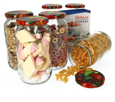Set van 6 ronde potten 1062 ml To 82 fruit decor deksel incl. Diamant Gelierzauber receptenboekje
