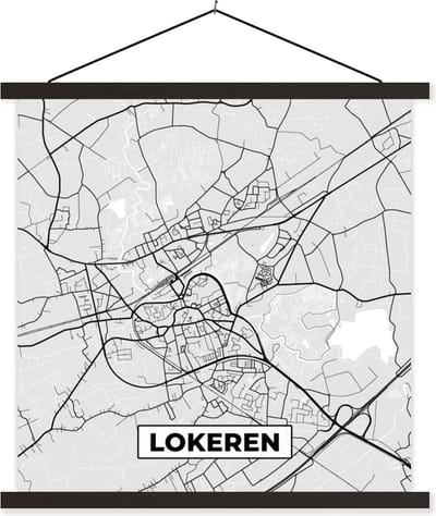 Posterhanger incl. Poster 60x60 cm - Schoolplaat - België – Lokeren – Stadskaart – Kaart – Zwart Wit – Plattegrond - Textielposter - Zwarte latten - Stadskaart