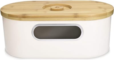 Famanu - Broodtrommel met bamboe deksel voor opslag van brood met snijplank en doorzichtig kijkvenster crèmekleurige vintage stijl brooddoos | Luxe opberger, modern design voor keuken en dagelijks gebruik