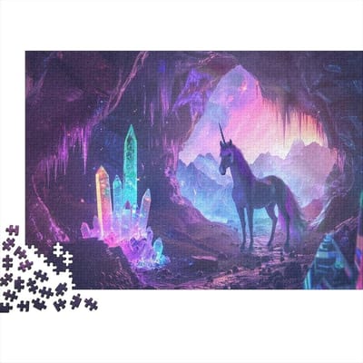 Unicorns in Caves Puzzel, 1000 stukjes, decoratie voor thuis, onmogelijke puzzel, kleurrijke puzzel, voor volwassenen en kinderen, 1000 stukjes, 75 x 50 cm