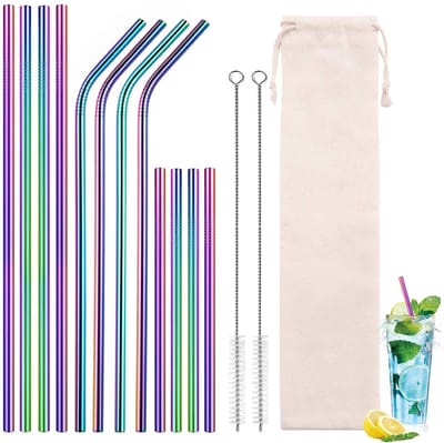 Rietjes van roestvrij staal, set van 12 stuks, herbruikbare metalen rietjes, met 2 reinigingsborstels, kleurrijke metalen rietjes (recht en gebogen), voor sap, koffie, mojito, smoothies