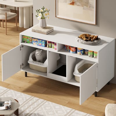 Kattentoiletkast / kattenbakkast met zandbestendige mat - huisdierkast met plank - tv-kast - zonder kattenbak - 120x50x66 cm - wit