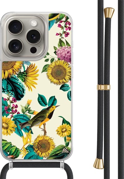 Casimoda® hoesje met zwart koord - Geschikt voor iPhone 15 Pro - Zonnebloemen / Bloemen - Afneembaar koord - TPU/polycarbonaat - Geel