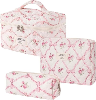 Make up tasje - Reistas voor make-up - Driedelige set gewatteerde katoenen make - uptassen met bloemenprint – grote capaciteit – onmisbaar op reis – perfect voor het opbergen van toiletartikelen - accessoires en cosmetica