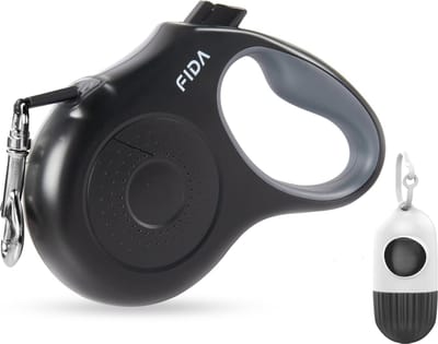 Fida Intrekbare hondenriem met Dispenser en Poepzakjes - 5 m zware wandellijn meter - voor honden tot max. 50 kg - L maat - Zwart
