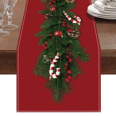 Tafellopers tafelkleed met kerstboombellen Kerstrietprint, diner kersttafeldecoratie voor kersttafel middenstukdecoraties (13 x 90 inch)