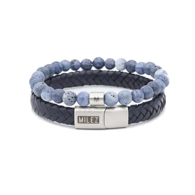 Milez - Armband set dames - armband dames leer kralen - Blauw-Zilver - Maat L
