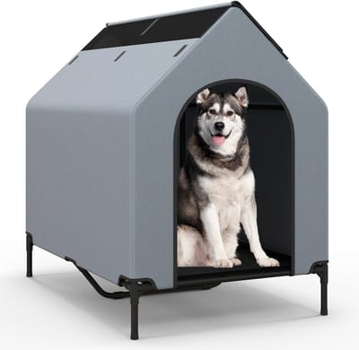 COSTWAY 2-in-1 hondenhok en verhoogd hondenbed, hondenbed outdoor, huisdierenhuis met ademend gaasweefsel en afneembare afdekking, hondenhuis voor middelgrote honden, Oxford, grijs (75 x 110 x 106 cm)