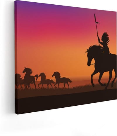 Artaza Canvas Schilderij Paarden Zonsondergang - 50x40 cm - Muurdecoratie Indiaan - Wanddecoratie Silhouet - Kamer Accessoires Woonkamer