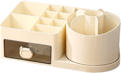 Opbergdoos-Pennenhouder-Opbergdoos met vakjes-2-in-1-360° draaibare opbergdoos-Huidverzorgingsopbergdoos met make-upborstelhouder-Geschikt voor kantoor, slaapkamer, badkamer, parfumopslag, kaptafelopslag