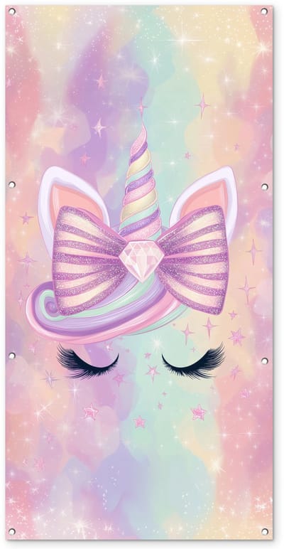 Tuinposter 80x160 cm - Tuindecoratie Eenhoorn - Glitters - Regenboog - Pastel - Poster voor in de tuin - Buiten decoratie - Schutting tuinschilderij - Tuindoek muurdecoratie - Wanddecoratie balkondoek