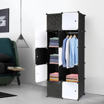 LEADZM Modulaire Kledingkast - Wit/Zwart - 72 x 47 x 142 cm - 10 vakken met 1 kledingroede