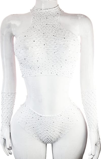 BamBella® - 2 delig set - Onesize - Erotische sexy nacht set broek met top doorzichtig kant - Super Stretch wit met strass steentjes