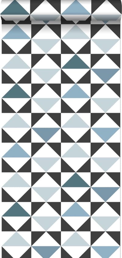 ESTAhome behang grafische driehoeken wit, zwart, vintage blauw en lichtblauw - 53 cm x 10.05 m - 139097
