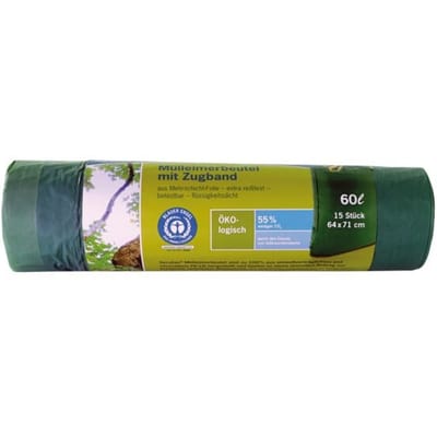 Secolan® ecologische vuilniszakken, met trekband, 60 liter, groen, 15 stuks