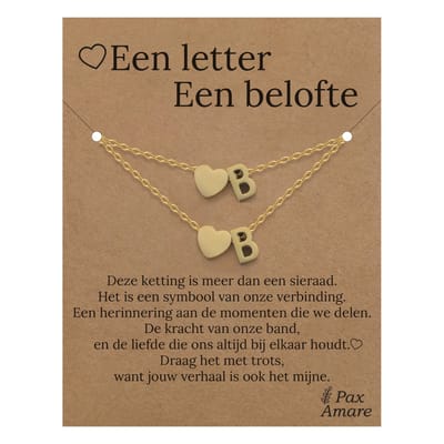 Letter B ketting + armband set op Cadeau Kaartje - Een letter, een belofte - Goudkleurig Stainless Steel - Initiaal & Hartje Hanger - Pax Amare