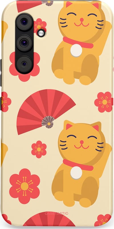 Casetastic hoesje geschikt voor Samsung Galaxy A54 (2023) 5G - Dubbellaagse bescherming - Japanse Poezenvreugde - Lucky Cats - Fashion Case - Crème Koraal Goud