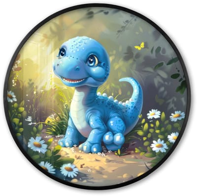 Poster in lijst Rond - Fotolijst 60x60 cm - Posters - Dino - Blauw - Baby - Dinosaurus - Ronde posterlijst zwart - Decoratie - Wanddecoratie woonkamer - Muurdecoratie slaapkamer