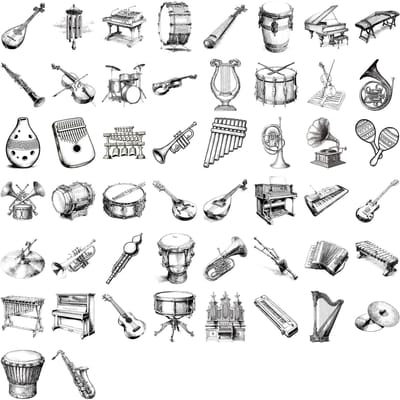 50 stuks Zwart-witte Stijl Muziekinstrument Sticker Transparante Cartoon Graffiti Decal Speelgoed Creatieve Diy Waterbeker Bagage
