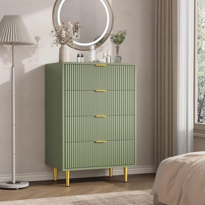 Ladekast met 4 Lades - Moderne Commode met Geribbelde Voorkant - Gouden Handgrepen & Metalen Poten - Slaapkamer en Woonkamer - 60x40x94 cm - Boter groen