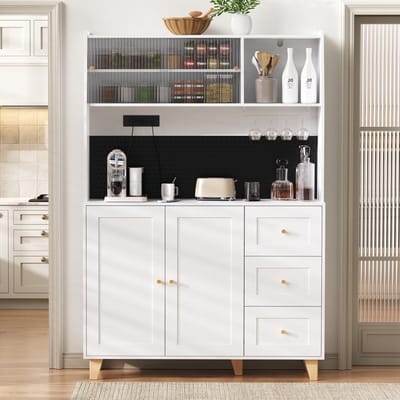 Sweiko Dressoir - Barkast - Met stopcontacten - 3 laden - Glazenrek - Verstelbare planken - Wit