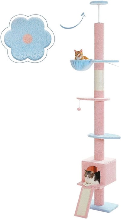 Kattenu TreeTower - Hoge Krabpaal Plafond - Verstelbaar 210-274 cm - Klimmuur kat - Krabpaal hoog - Blauw/Roze