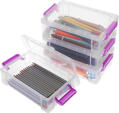Stackable Transparante Pennendozen - 4 Stuks, Multifunctionele Opbergdozen voor Kantoorbenodigdheden, Maat 19.5 x 12 x 6 cm (Paars)