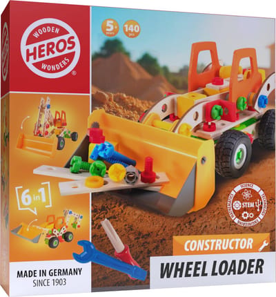Heros Constructor Wiellader – Constructiespeelgoed – 6-in-1 – 140 Onderdelen – Houten Bouwset – FSC Hout – Gemaakt in Duitsland – Zelf Bouwen – Vanaf 5 Jaar