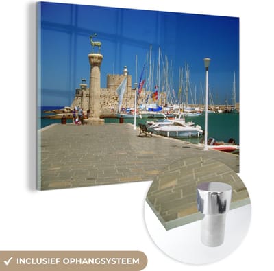 ® Glasschilderij 180x120 cm - Schilderij acrylglas - Helder blauwe lucht boven de haven van de Oude stad van Rhodos - Foto op glas - Muurdecoratie woonkamer - Wanddecoratie slaapkamer - Schilderijen