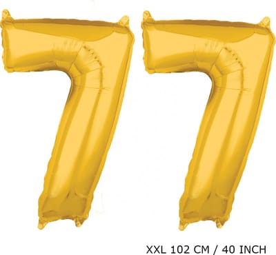 Mega grote XXL gouden folie ballon cijfer 77 jaar. Leeftijd verjaardag 77 jaar. 102 cm 40 inch. Met rietje om ballonnen mee op te blazen.