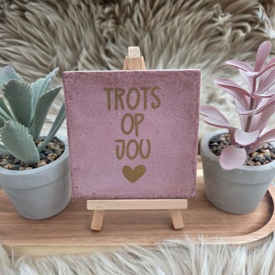 Robuust Wenstegeltje “Trots op Jou” – 10x10cm – Lief Cadeautegeltje met Hartje – Trendy nu – Geslaagd – vriend(in), familie, gezin, zomaar – Decoratief Tegeltje met Standaard – Cadeau Idee
