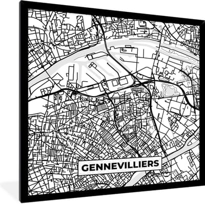 Fotolijst incl. Poster Zwart Wit- Frankrijk - Plattegrond - Gennevilliers - Stadskaart - Kaart - Zwart wit - 40x40 cm - Posterlijst