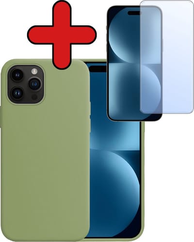 Hoesje - Met Screenprotector - Geschikt voor Apple iPhone 15 Pro - Sterk & Shockproof - Telefoon Hoes - Back Cover - Siliconen Case - Telefoonhoes - Groen