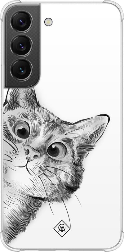 Casimoda® hoesje - Geschikt voor Samsung Galaxy S22 - Kat Kiekeboe - Shockproof case - Extra sterk - TPU/polycarbonaat - Grijs, Transparant