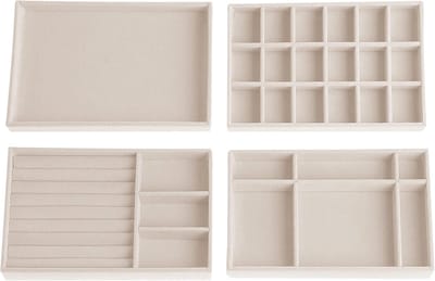 Sieradenopbergdoos - 4 Stuks, Fluwelen Organizers voor Oorbellen, Armbanden en Ringen - Stapelbare Sieradenboxen in Beige