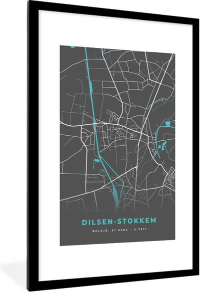 Fotolijst incl. Poster - Stadskaart – Grijs - Kaart – Dilsen Stokkem – België – Plattegrond - 80x120 cm - Posterlijst